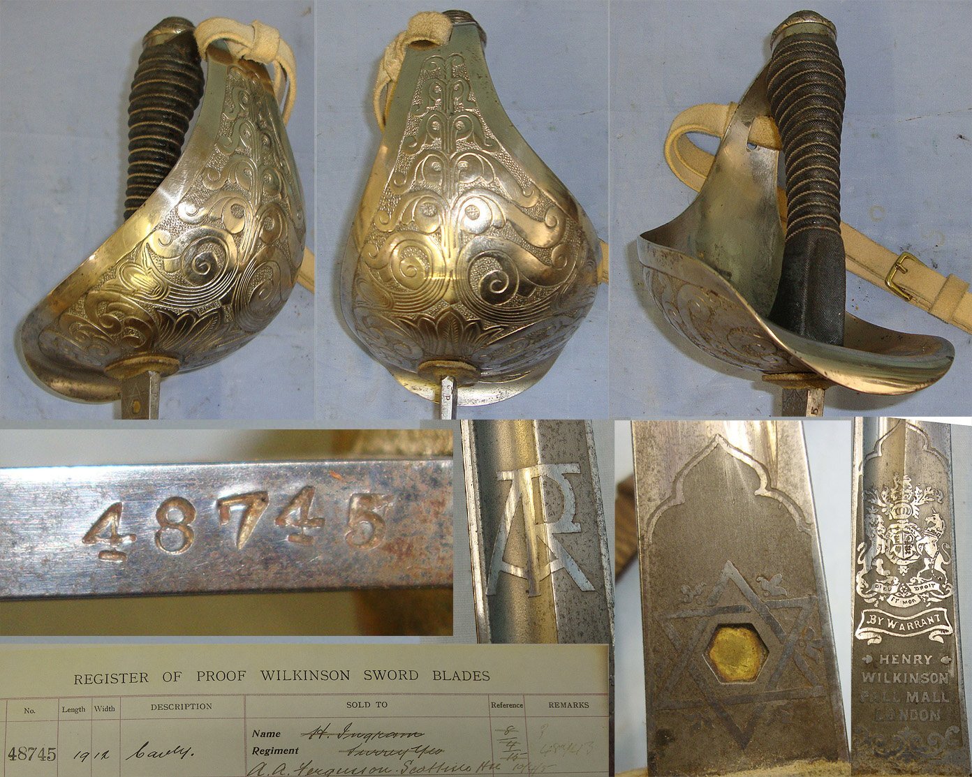 ATTRIBUTED**WW1 1915 British Henry Wilkinson P 1912 Cavalry Officer’s Sword Etched Monogram Blade Number 48745 To 2nd LT Ferguson Scottish Horse Yeomanry Killed Egypt 1916 With Field Service Scabbard & Provenance. Sn 23484:103 Sword