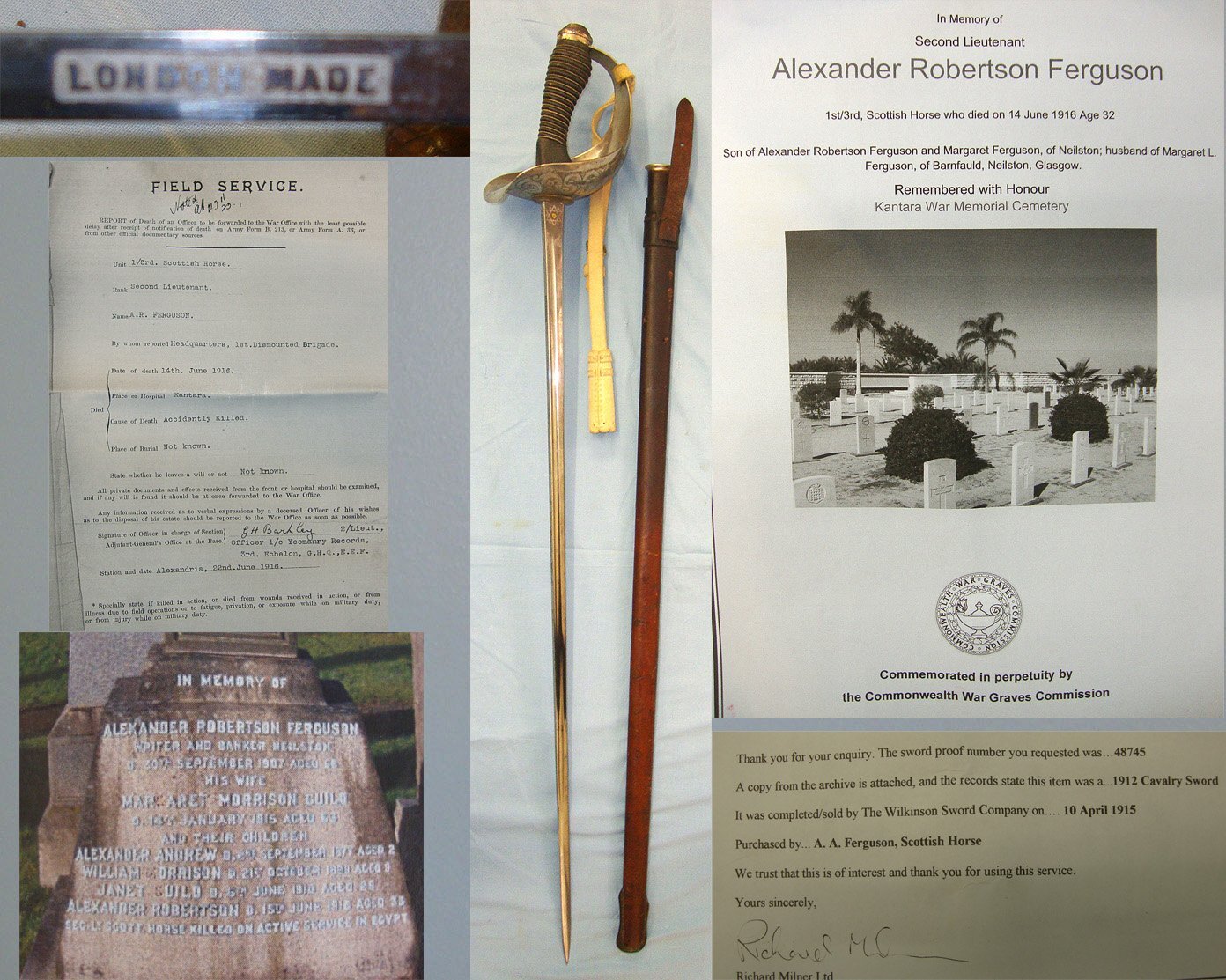  ATTRIBUTED**WW1 1915 British Henry Wilkinson P 1912 Cavalry Officer’s Sword Etched Monogram Blade Number 48745 To 2nd LT Ferguson Scottish Horse Yeomanry Killed Egypt 1916 With Field Service Scabbard & Provenance. Sn 23484:103 Sword
