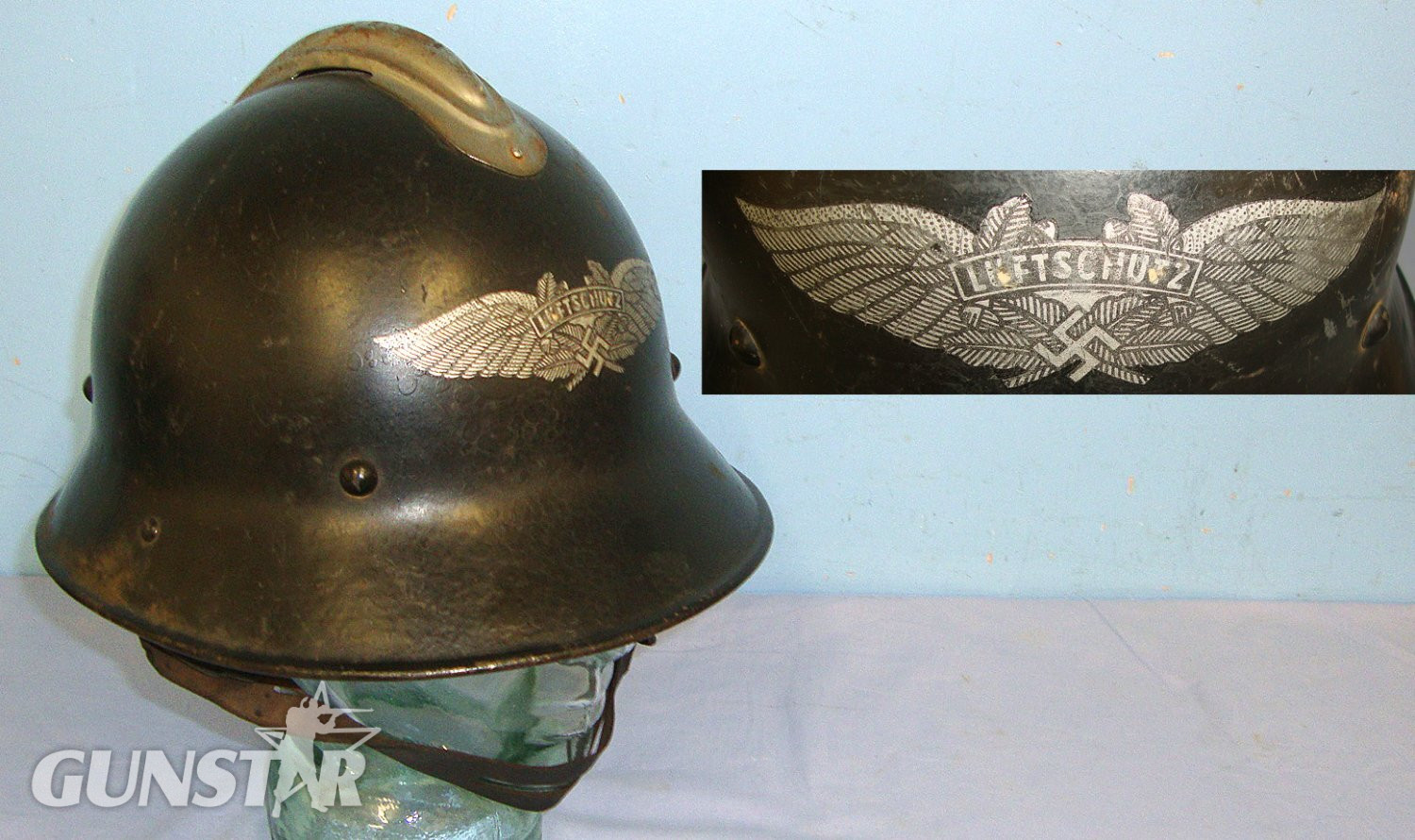 WW2 Captured Occupied Czechoslovakian Army Combat Helmet Nazi German Converted To Luftwaffe 'Luftshutz' (Air Raid / Civil Defence) Single Front Decal Steel Helmet With Label To ‘Kiezl’ Most Likely A Wartime Female Firefighter With Liner & Chin Strap.   Clothing in 