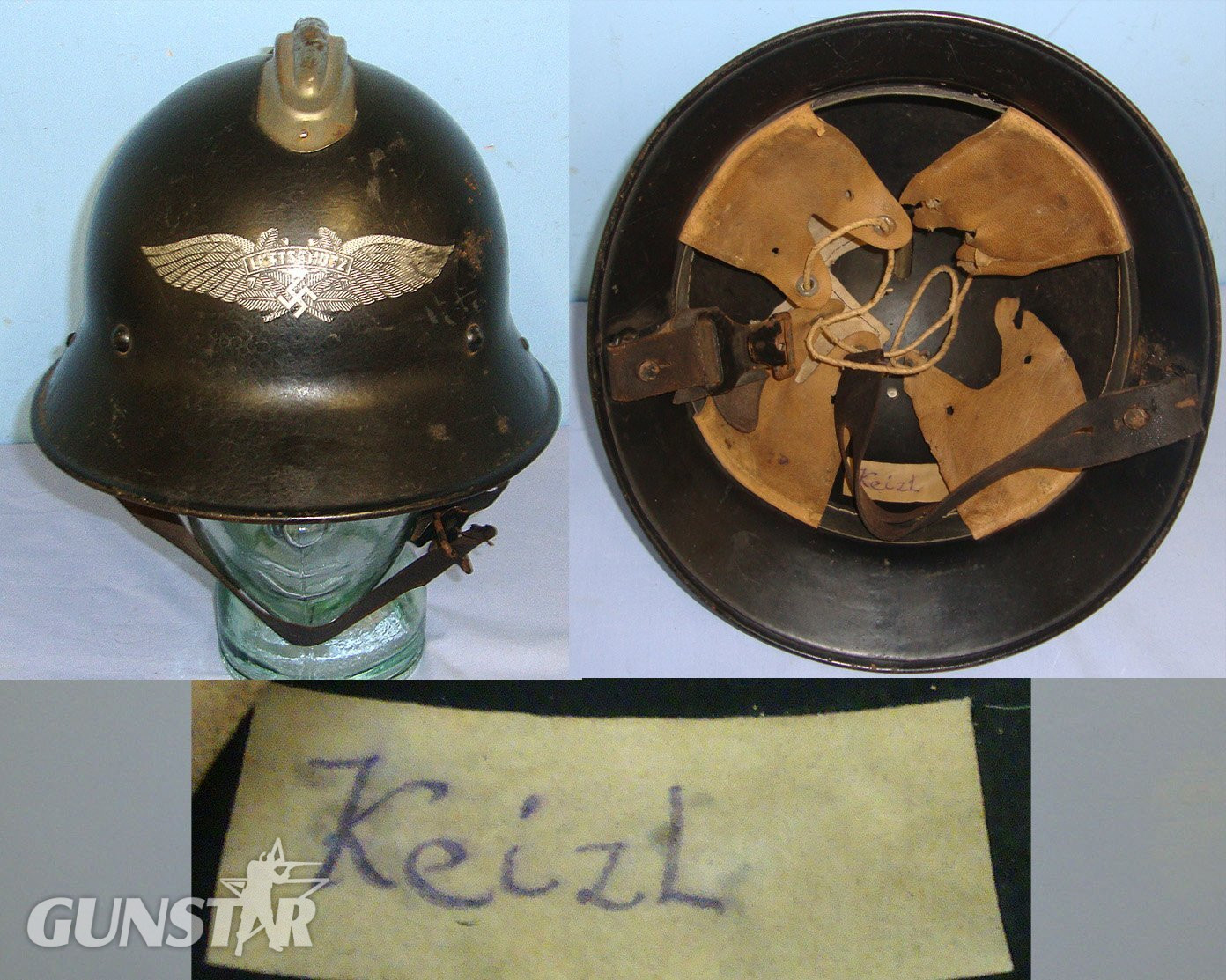 WW2 Captured Occupied Czechoslovakian Army Combat Helmet Nazi German Converted To Luftwaffe 'Luftshutz' (Air Raid / Civil Defence) Single Front Decal Steel Helmet With Label To ‘Kiezl’ Most Likely A Wartime Female Firefighter With Liner & Chin Strap.   Clothing
