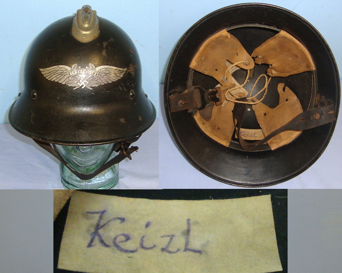WW2 Captured Occupied Czechoslovakian Army Combat Helmet Nazi German Converted To Luftwaffe 'Luftshutz' (Air Raid / Civil Defence) Single Front Decal Steel Helmet With Label To ‘Kiezl’ Most Likely A Wartime Female Firefighter With Liner & Chin Strap.   Clothing