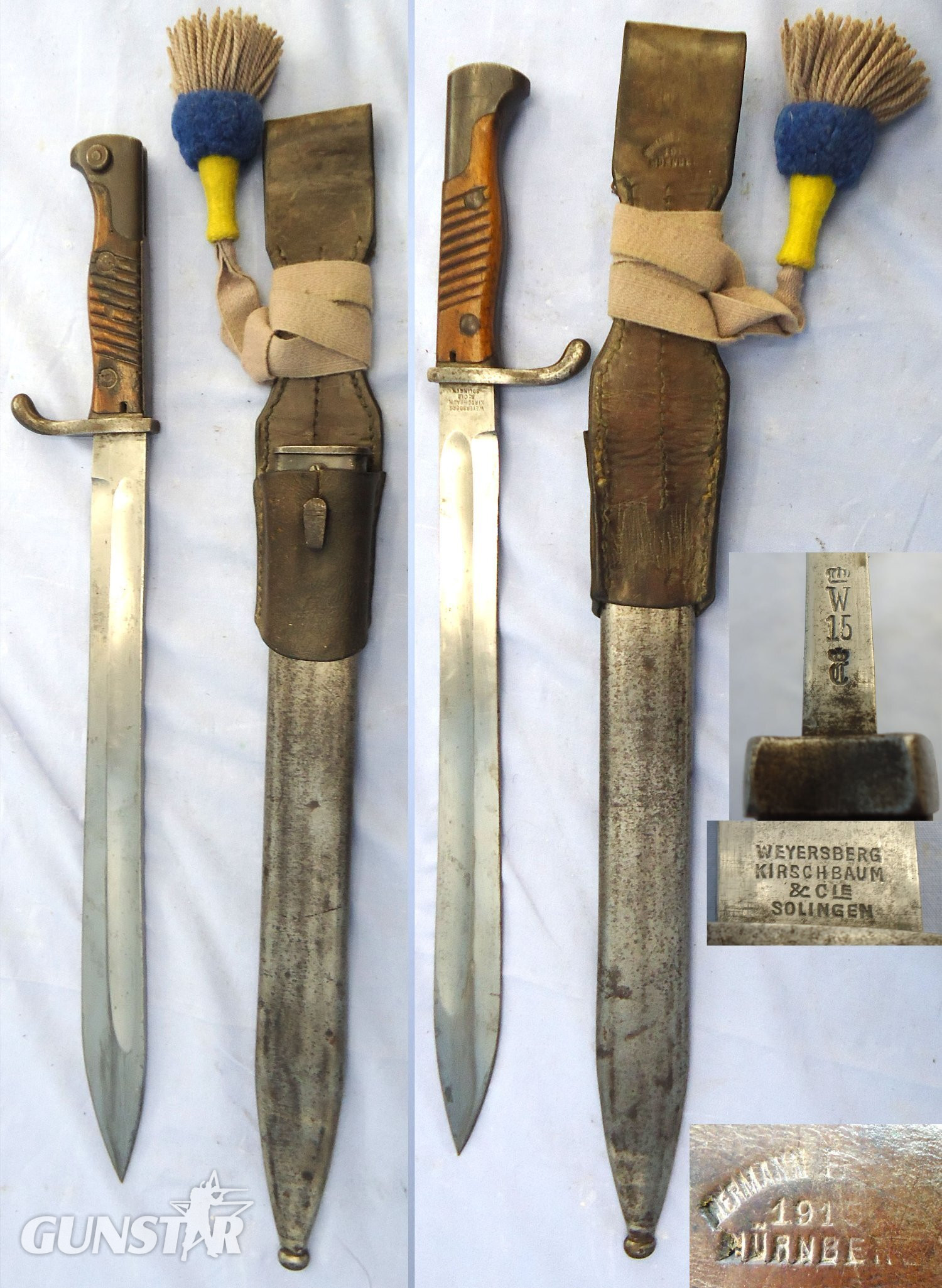WW1, 1915 Dated, Imperial German, Weyersburg Kirchbaum & Cie. Solingen, Pattern 98/05 Butcher Bayonet With Hessian Cord, Tasselled Knot & Leather Frog. Sn 23478:4 Bayonet in 