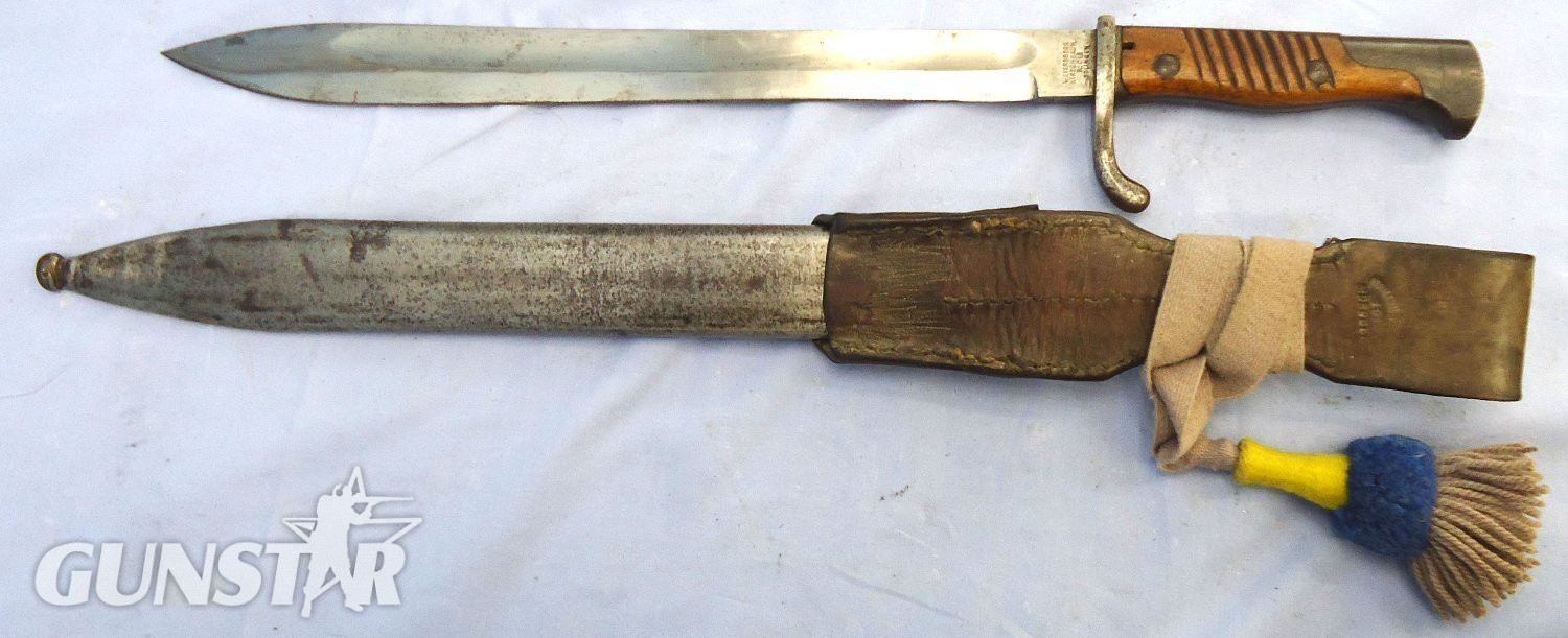 {CATEGORY} - WW1, 1915 Dated, Imperial German, Weyersburg Kirchbaum & Cie. Solingen, Pattern 98/05 Butcher Bayonet With Hessian Cord, Tasselled Knot & Leather Frog. Sn 23478:4 Bayonet in 