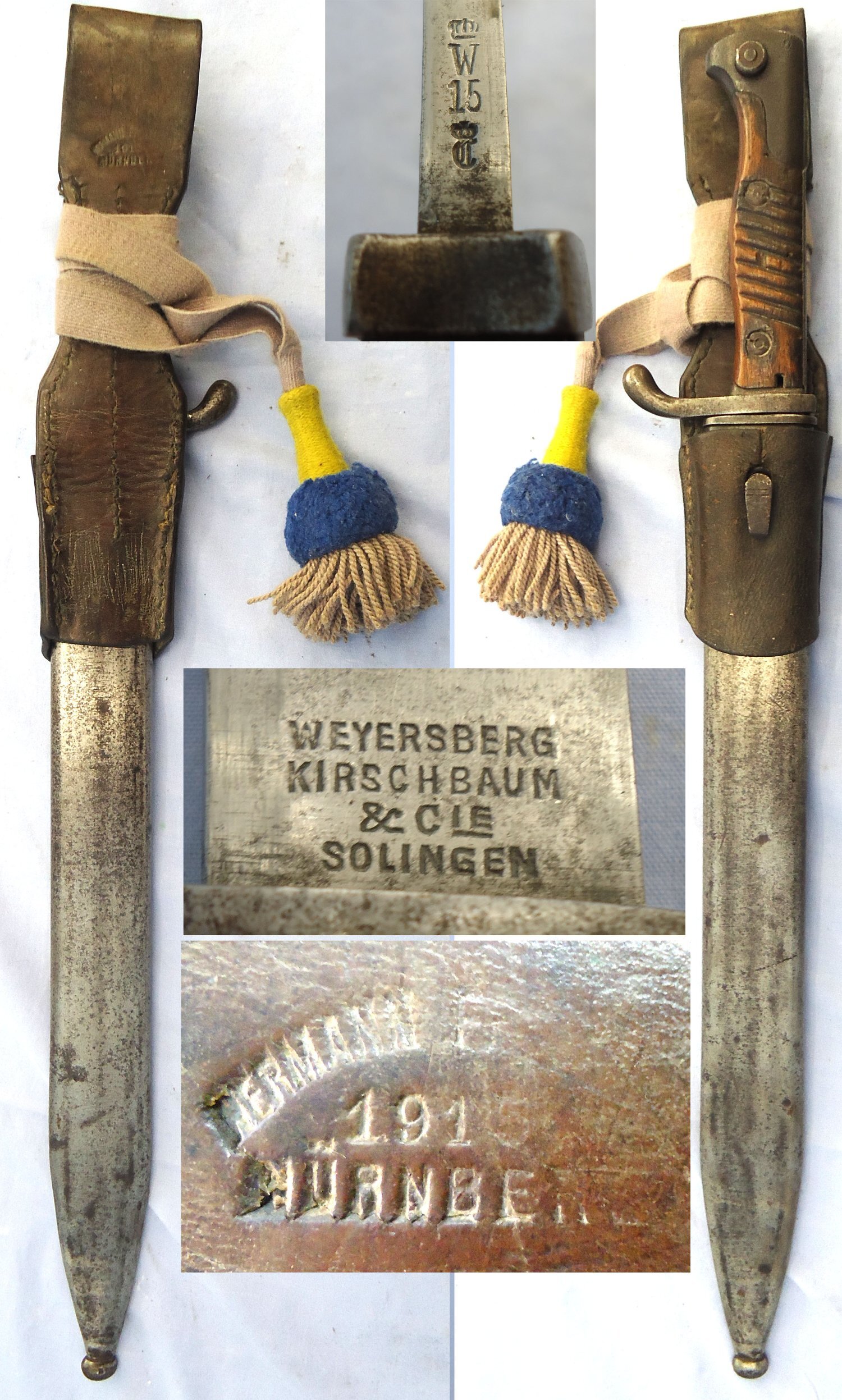 WW1, 1915 Dated, Imperial German, Weyersburg Kirchbaum & Cie. Solingen, Pattern 98/05 Butcher Bayonet With Hessian Cord, Tasselled Knot & Leather Frog. Sn 23478:4 Bayonet