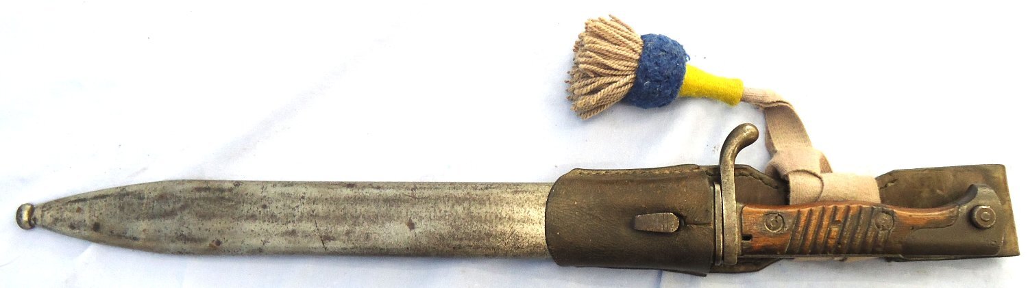 WW1, 1915 Dated, Imperial German, Weyersburg Kirchbaum & Cie. Solingen, Pattern 98/05 Butcher Bayonet With Hessian Cord, Tasselled Knot & Leather Frog. Sn 23478:4 Bayonet - {CATEGORY} in 