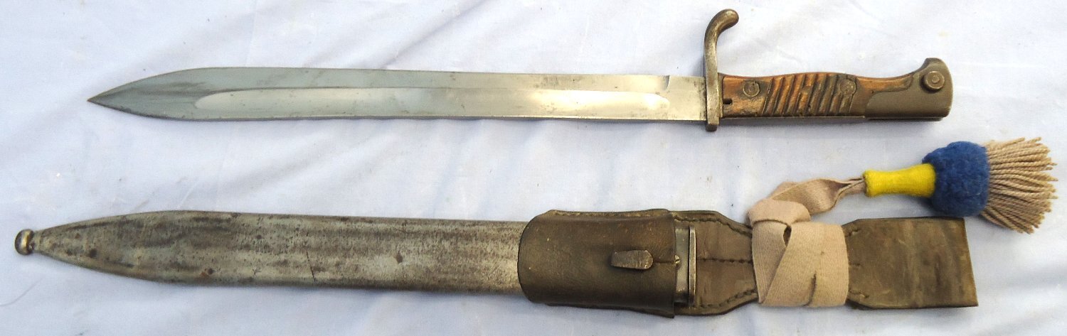 WW1, 1915 Dated, Imperial German, Weyersburg Kirchbaum & Cie. Solingen, Pattern 98/05 Butcher Bayonet With Hessian Cord, Tasselled Knot & Leather Frog. Sn 23478:4 Bayonet 
