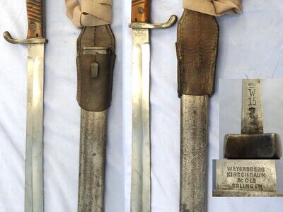 WW1, 1915 Dated, Imperial German, Weyersburg Kirchbaum & Cie. Solingen, Pattern 98/05 Butcher Bayonet With Hessian Cord, Tasselled Knot & Leather Frog. Sn 23478:4 Bayonet