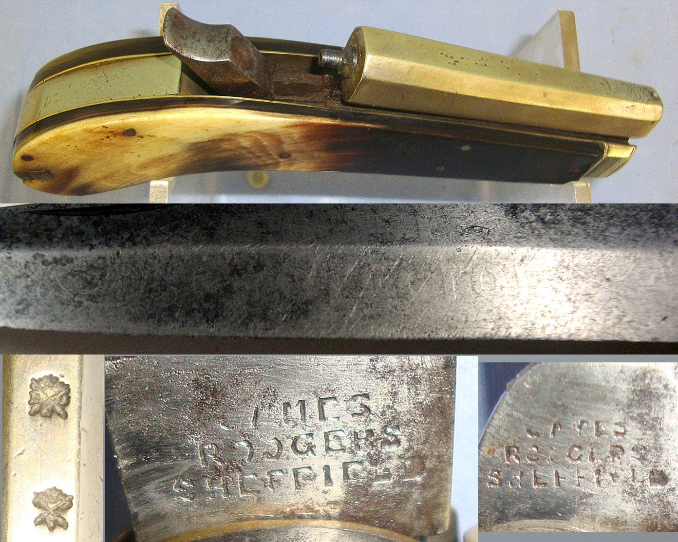 C1840 English Rodgers Sheffield ‘Protector’ 120 Bore Percussion Knife Pistol With Polished Horn Scales German Silver Octagonal Barrel & Fittings Bullet Mould & Tweezers. Sn 23707 percussion pistol Various Single Shot