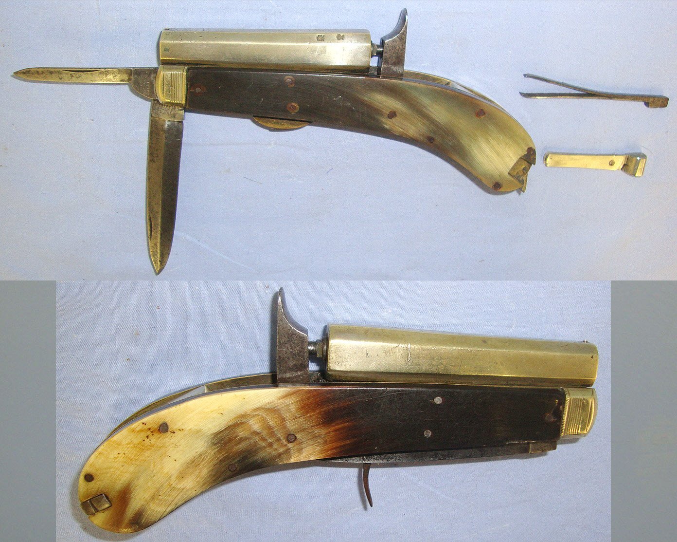  C1840 English Rodgers Sheffield ‘Protector’ 120 Bore Percussion Knife Pistol With Polished Horn Scales German Silver Octagonal Barrel & Fittings Bullet Mould & Tweezers. Sn 23707 percussion pistol Various Single Shot