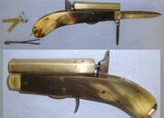 C1840 English Rodgers Sheffield ‘Protector’ 120 Bore Percussion Knife Pistol With Polished Horn Scales German Silver Octagonal Barrel & Fittings Bullet Mould & Tweezers. Sn 23707 percussion pistol Various Single Shot