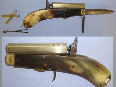 C1840 English Rodgers Sheffield ‘Protector’ 120 Bore Percussion Knife Pistol With Polished Horn Scales German Silver Octagonal Barrel & Fittings Bullet Mould & Tweezers. Sn 23707 percussion pistol Various Single Shot