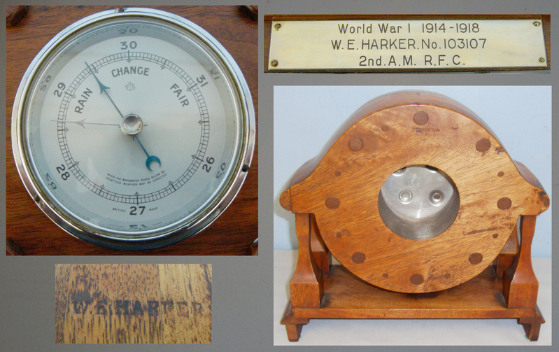  Original, WW1 Era Aircraft Teak Propeller Boss / Hub Fitted With A Period Barometer By ‘OC’ & Converted For Mantle Or Desk Feature Piece With Commemorative Plaque Inscribed ‘World War 1 1914-1918 W.E. Harker No. 103107 2nd AM RFC\'. Sn 15184. Original, WW1 Era Aircraft Teak Propeller Boss / Hub Fitted With A Period Barometer By ‘OC’ & Converted For Mantle Or Desk Feature Piece With Commemorative Plaque Inscribed ‘World War 1 1914-1918 W.E. Harker No. 103107 2nd AM RFC\'. Sn 15184. Other Accessory