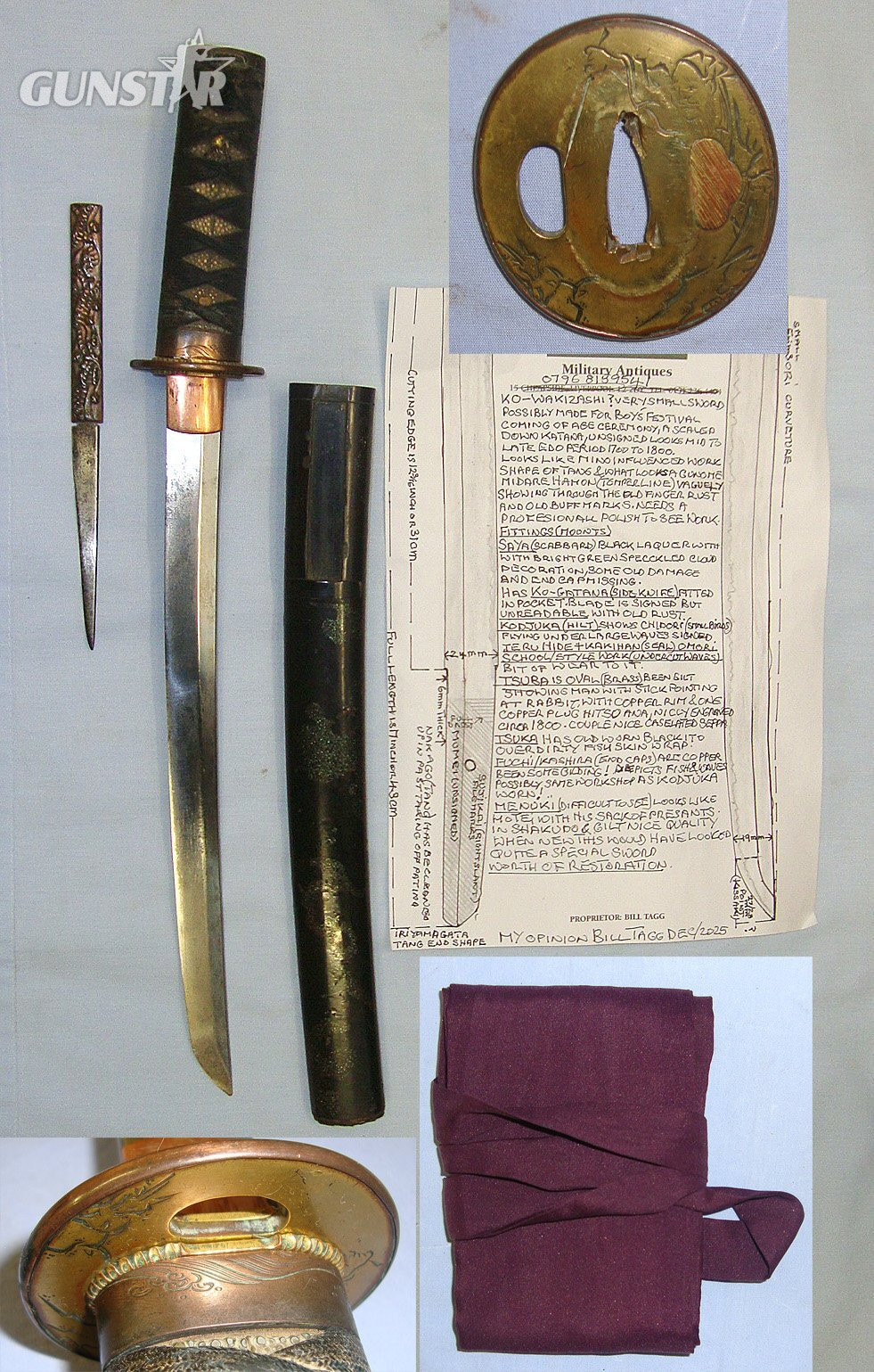 C1700 – 1800 Japanese Late Edo Period Mino School Work Very Small Ko Wakizashi Possible Period Boy’s Coming Of Age Festival Sword With Ko-Gatana Side Knife, Scabbard, Carry Bag / Cover & Expert Assessment. Sn 23063 Sword in 
