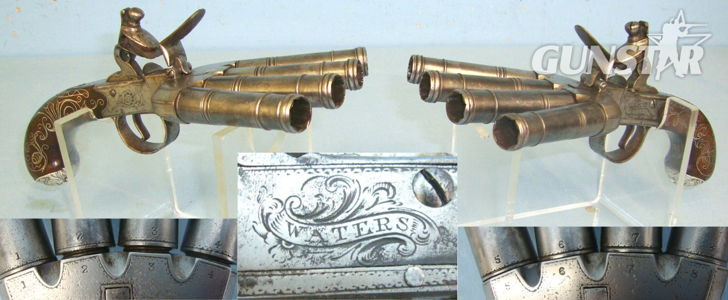 SUPERB**EXTREMELY RARE**C1780 Brace Of Matching 1 To 8 Numbered Barrels English Waters (Birmingham) 32 Bore Ship’s Sea Captain’s Duck\'s Foot Flintlock Volley Pistols With Screw Off Cannon Barrels & Intricate Silver Wire Inlaid Decoration. Sn 22583:4 .32 Muzzleloader in 