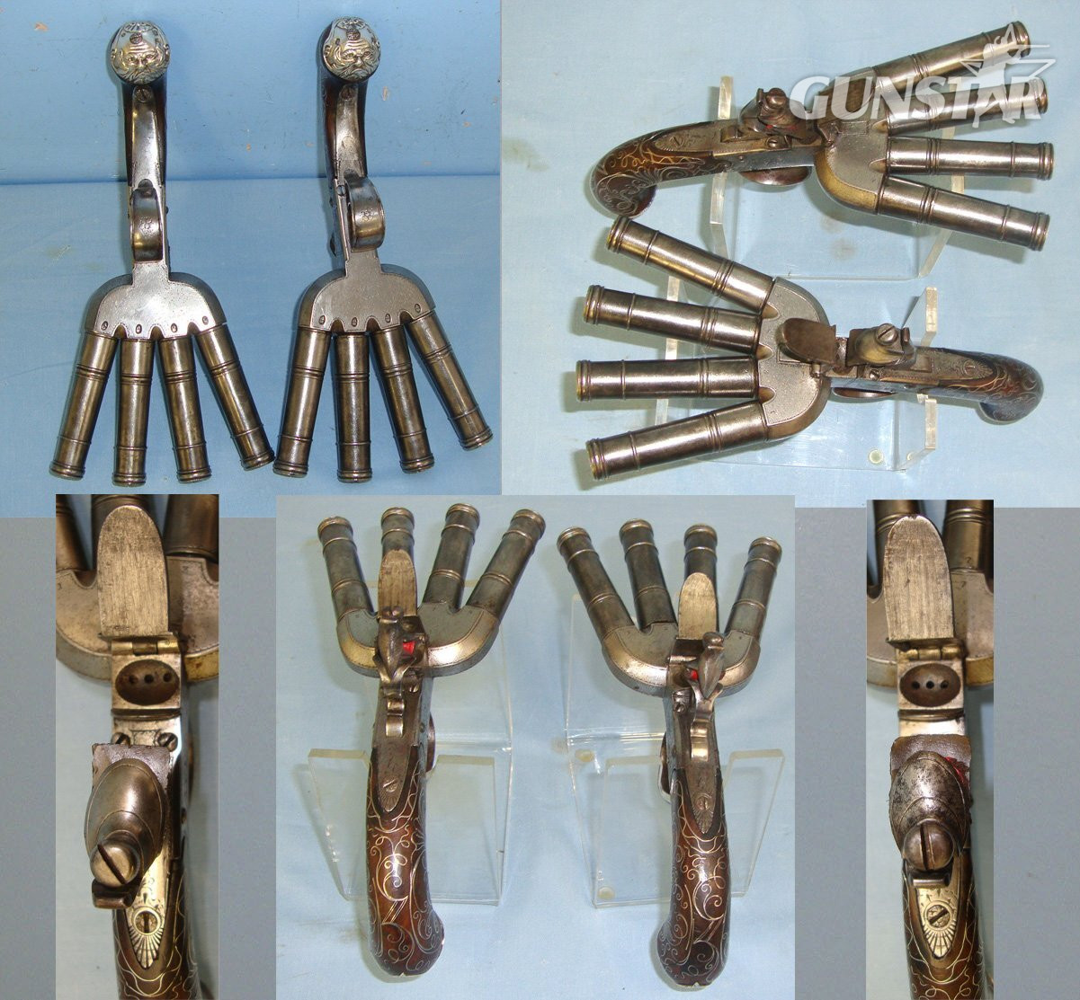  SUPERB**EXTREMELY RARE**C1780 Brace Of Matching 1 To 8 Numbered Barrels English Waters (Birmingham) 32 Bore Ship’s Sea Captain’s Duck\'s Foot Flintlock Volley Pistols With Screw Off Cannon Barrels & Intricate Silver Wire Inlaid Decoration. Sn 22583:4 .32 Muzzleloader