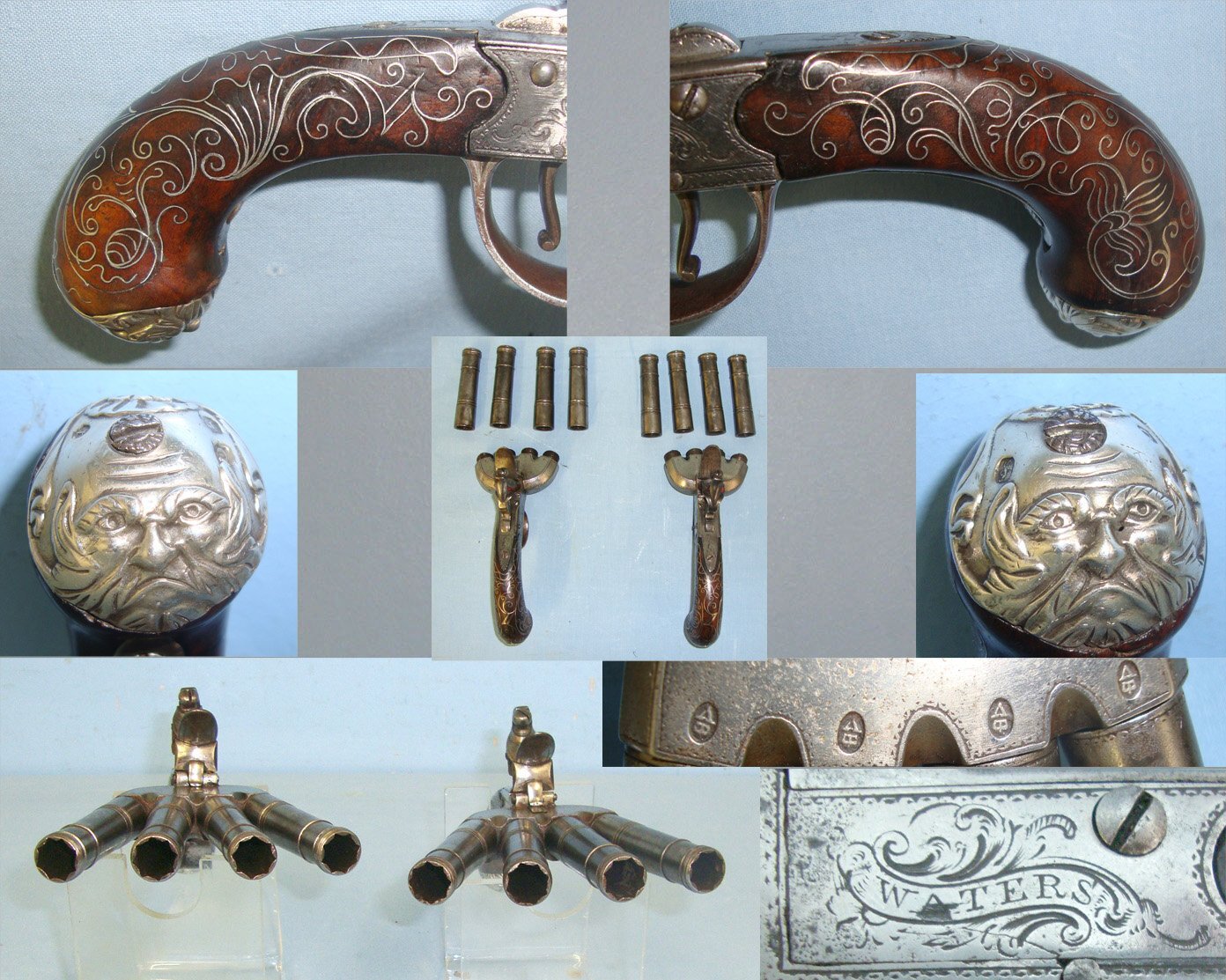 SUPERB**EXTREMELY RARE**C1780 Brace Of Matching 1 To 8 Numbered Barrels English Waters (Birmingham) 32 Bore Ship’s Sea Captain’s Duck\'s Foot Flintlock Volley Pistols With Screw Off Cannon Barrels & Intricate Silver Wire Inlaid Decoration. Sn 22583:4 .32 Muzzleloader