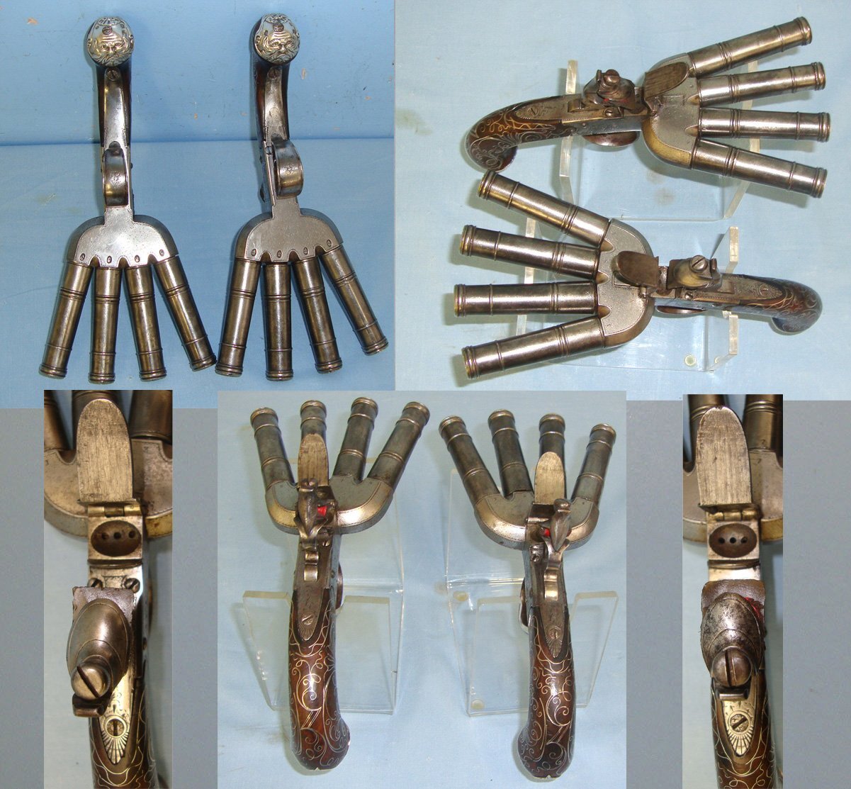  SUPERB**EXTREMELY RARE**C1780 Brace Of Matching 1 To 8 Numbered Barrels English Waters (Birmingham) 32 Bore Ship’s Sea Captain’s Duck\'s Foot Flintlock Volley Pistols With Screw Off Cannon Barrels & Intricate Silver Wire Inlaid Decoration. Sn 22583:4 .32 Muzzleloader