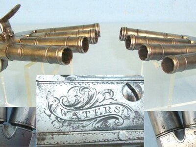 SUPERB**EXTREMELY RARE**C1780 Brace Of Matching 1 To 8 Numbered Barrels English Waters (Birmingham) 32 Bore Ship’s Sea Captain’s Duck\'s Foot Flintlock Volley Pistols With Screw Off Cannon Barrels & Intricate Silver Wire Inlaid Decoration. Sn 22583:4 .32 Muzzleloader