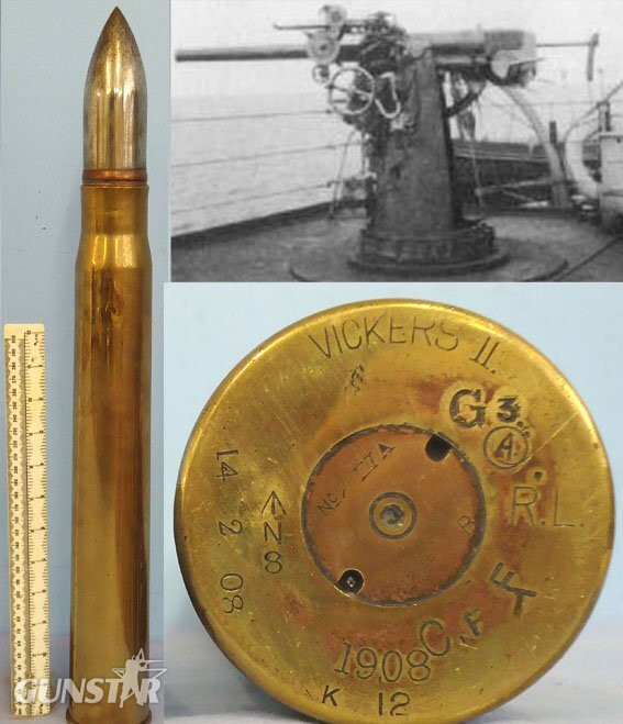 DEACTIVATED INERT. RARE, British Unfired WW 1, 1908 Dated, Naval Vickers 3 Pounder Mark 2, (47x411R) High Explosive Common Pointed Round. Sn - 21969 DEACTIVATED INERT. RARE, British Unfired WW 1, 1908 Dated, Naval Vickers 3 Pounder Mark 2, (47x411R) High Explosive Common Pointed Round. Sn - 21969  Other Ammunition in 