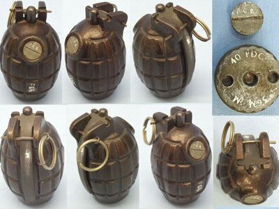INERT DEACTIVATED. WW2, 1940 Dated, Mills No 36M MK1, Hand Grenade by FOB. - 22326:1 INERT DEACTIVATED. WW2, 1940 Dated, Mills No 36M MK1, Hand Grenade by FOB. - 22326:1  Other Ammunition