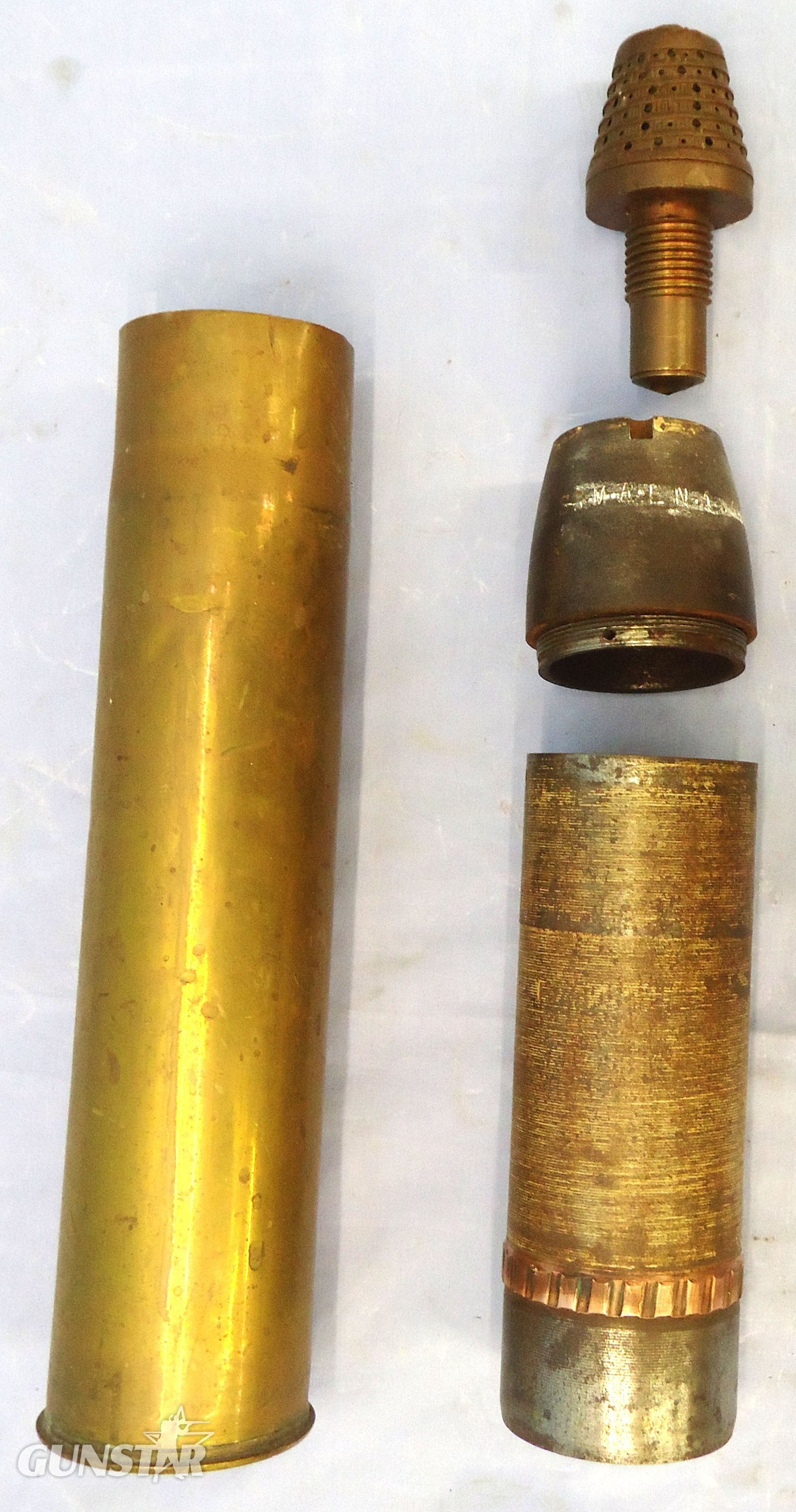 DEACTIVATED INERT. French, WW1, 1914 Dated, 75mm Mle 1897 Field Gun Shrapnel Round. - O 2265 DEACTIVATED INERT. French, WW1, 1914 Dated, 75mm Mle 1897 Field Gun Shrapnel Round. - O 2265  Other Ammunition 