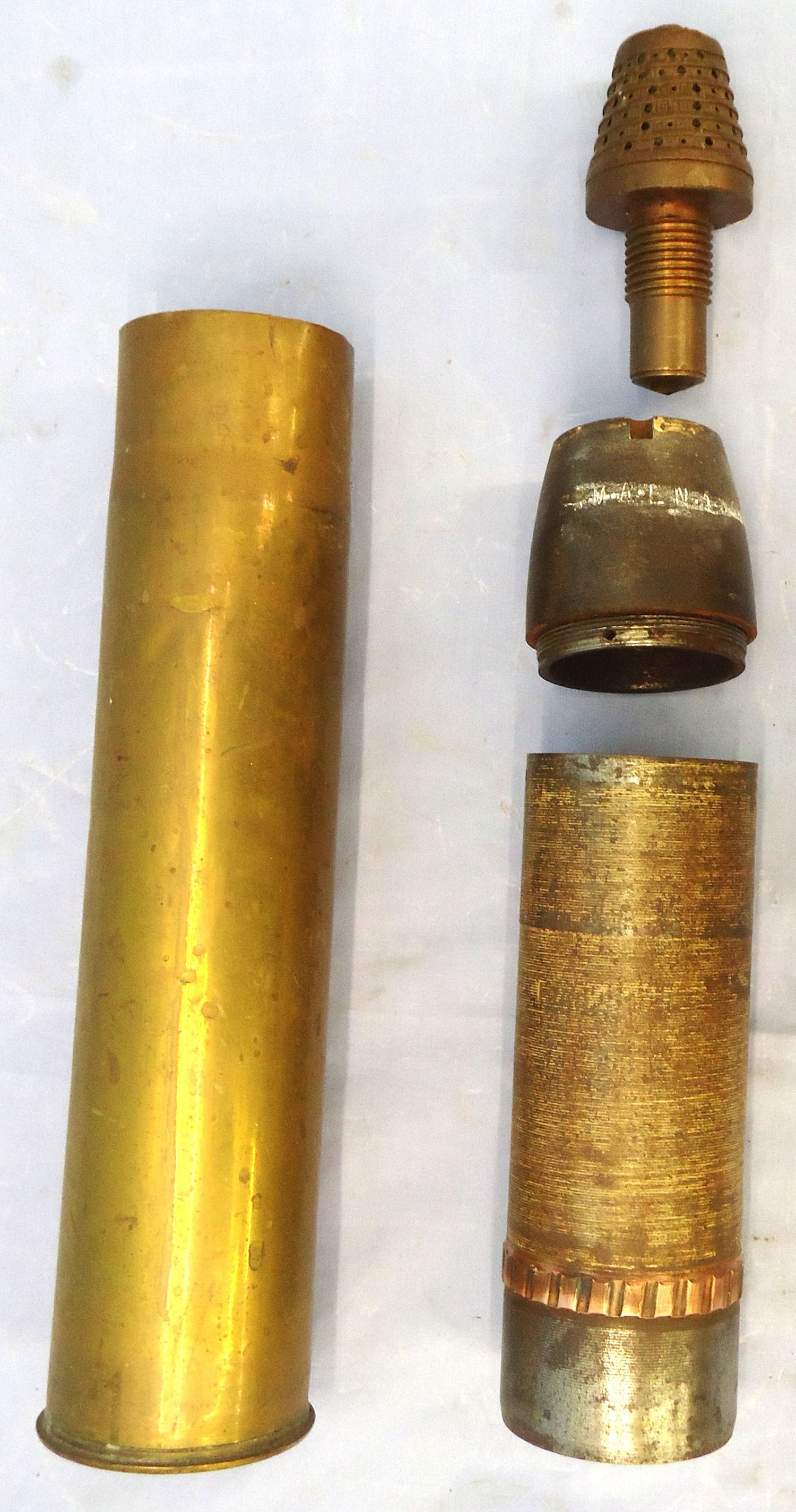 DEACTIVATED INERT. French, WW1, 1914 Dated, 75mm Mle 1897 Field Gun Shrapnel Round. - O 2265 DEACTIVATED INERT. French, WW1, 1914 Dated, 75mm Mle 1897 Field Gun Shrapnel Round. - O 2265  Other Ammunition 