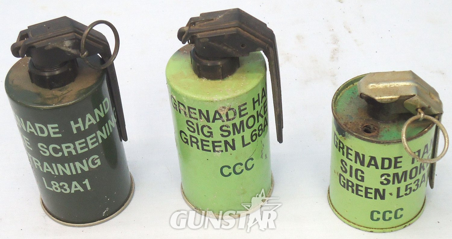INERT DEACTIVATED. Set of 3 British Green Smoke Grenades. - O 2269 INERT DEACTIVATED. Set of 3 British Green Smoke Grenades. - O 2269  Other Ammunition in 