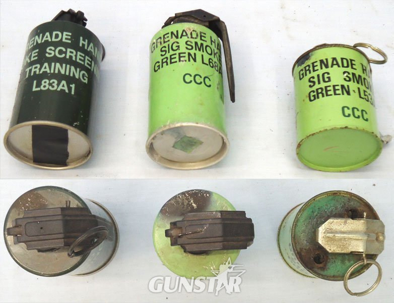  INERT DEACTIVATED. Set of 3 British Green Smoke Grenades. - O 2269 INERT DEACTIVATED. Set of 3 British Green Smoke Grenades. - O 2269  Other Ammunition