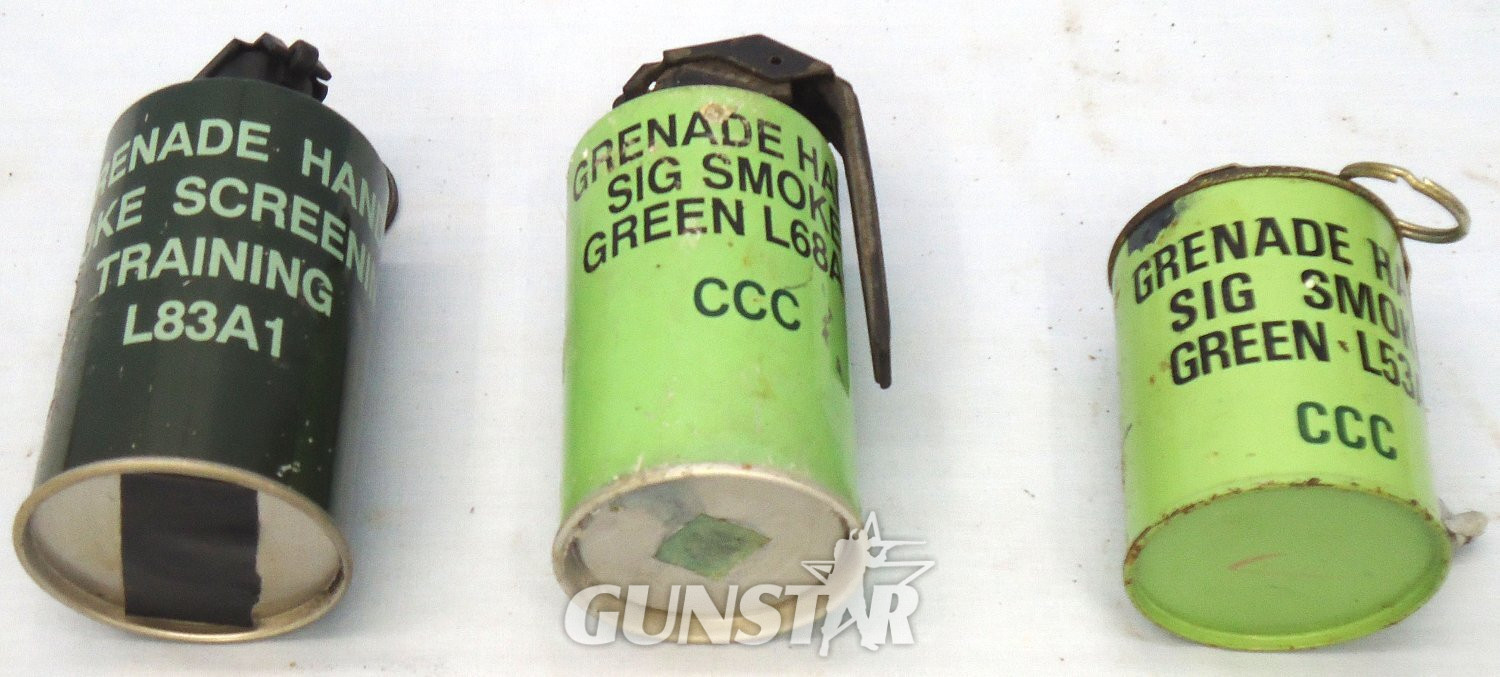 INERT DEACTIVATED. Set of 3 British Green Smoke Grenades. - O 2269 INERT DEACTIVATED. Set of 3 British Green Smoke Grenades. - O 2269  Other Ammunition - {CATEGORY} in 