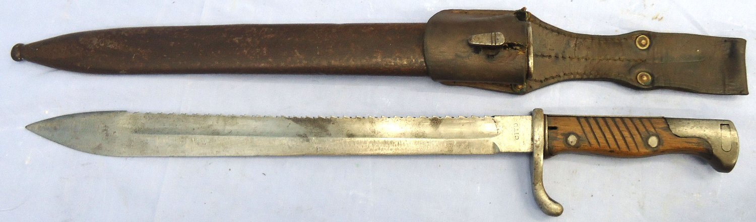 Rare Maker. WW1, Imperial German, CITO (Cito Fahrradenwerk, Koln), Model 1898/05 G98 Mauser Saw Back Butcher Bayonet, Steel Scabbard & Leather Frog. Sn 23478:5 Bayonet - {CATEGORY} in 