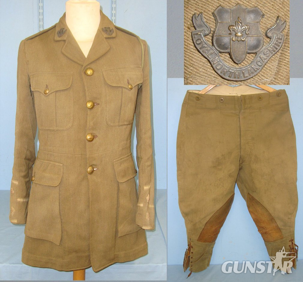 WW1 British King\'s Own Royal Lancaster Regiment Lieutenant Rank Officer\'s Cuff Title Khaki Tunic With Lanyard & Breeches. Sn 22553:11  Clothing in 
