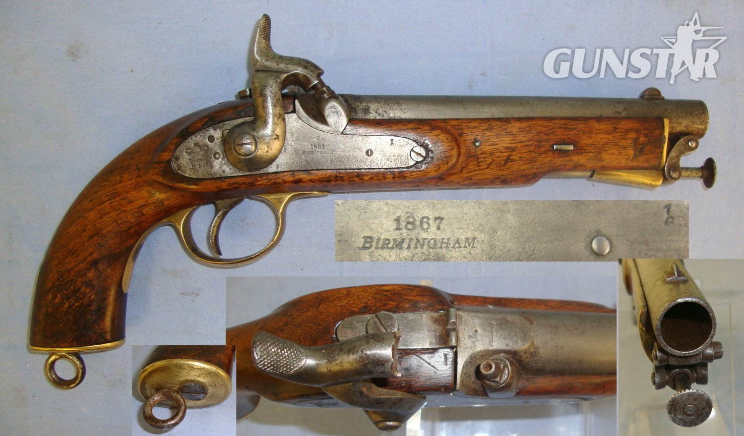 Victorian 1867 Birmingham, British ‘EIG’ East India Government / East India Company .650 Carbine Calibre Percussion Light Dragoon Cavalry Pistol With Regulation Brass Fittings, Captive Steel Ram Rod. Sn 21393:51 .65 Cal Muzzleloader Muzzleloader in 