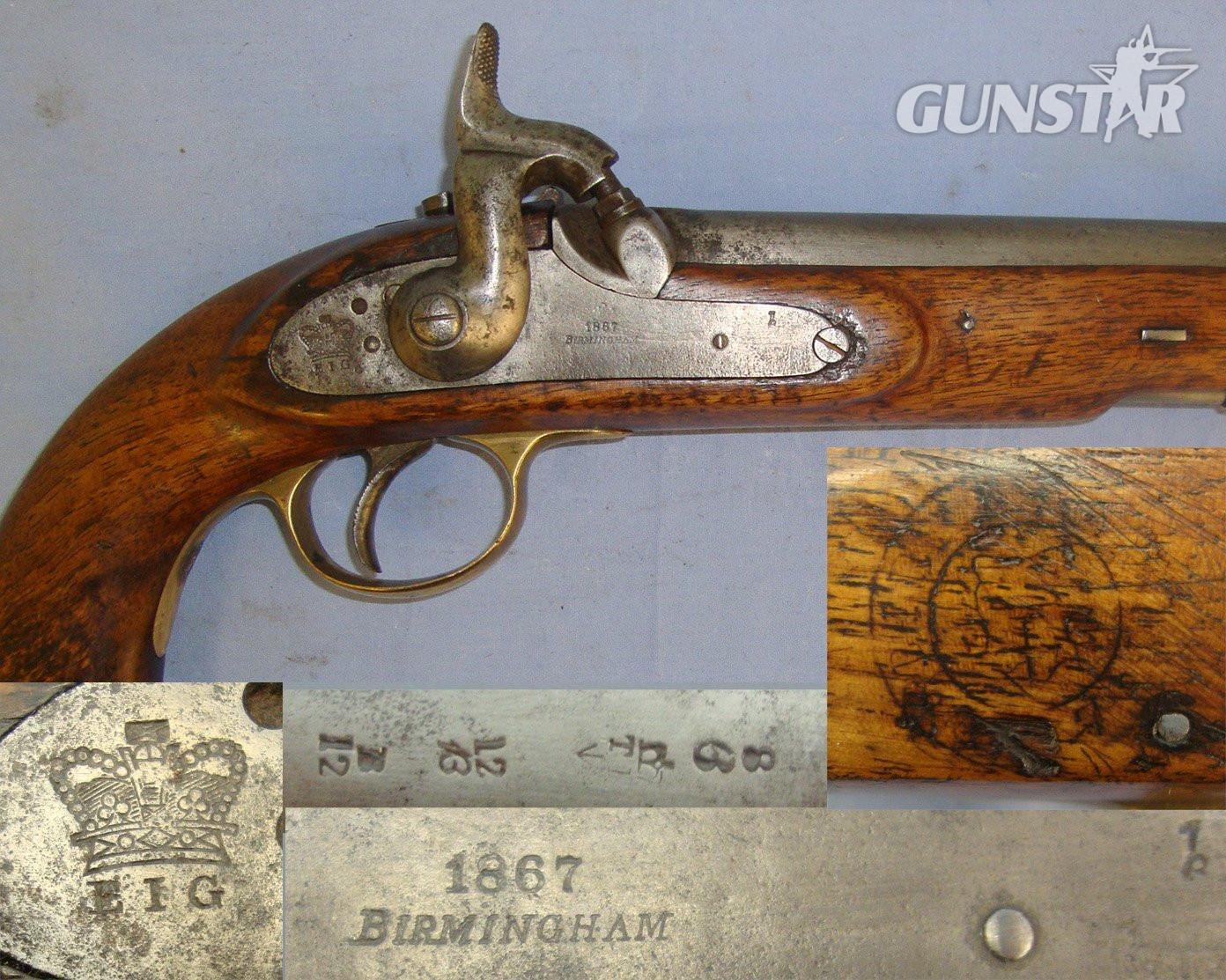 Victorian 1867 Birmingham, British ‘EIG’ East India Government / East India Company .650 Carbine Calibre Percussion Light Dragoon Cavalry Pistol With Regulation Brass Fittings, Captive Steel Ram Rod. Sn 21393:51 .65 Cal Muzzleloader Muzzleloader