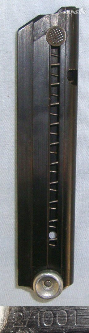 1950’s Cold War Era East German Code 2/1001 V.E.B. Ernst Thälman (Former C.G. Haenel plant) 8 Round Magazine For German Luger PO 8, 9mm Parabellum Semi Automatic Pistols With Correct Alloy Butt Toggle. D 6039  Magazine in 