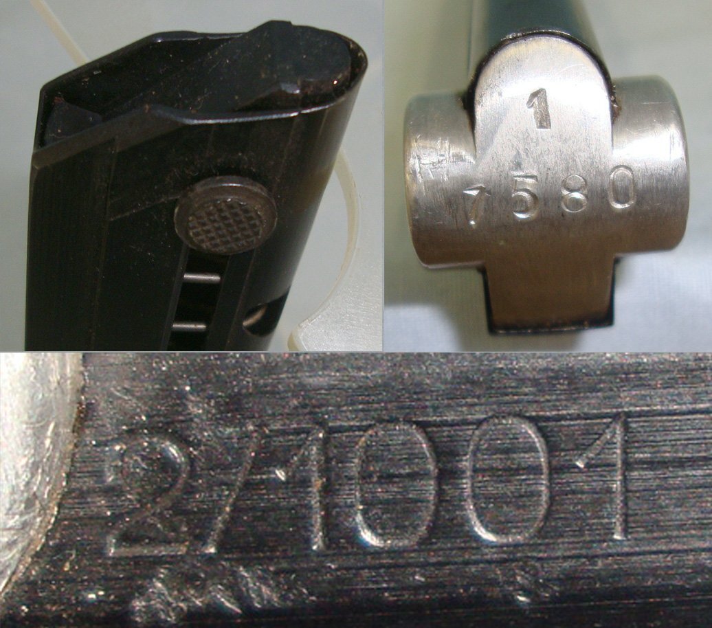 1950’s Cold War Era East German Code 2/1001 V.E.B. Ernst Thälman (Former C.G. Haenel plant) 8 Round Magazine For German Luger PO 8, 9mm Parabellum Semi Automatic Pistols With Correct Alloy Butt Toggle. D 6039  Magazine