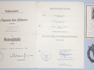 Nazi German WWII Infantry Assault Badge by Manufacturer R.S.S. ‘Richard Simm and Sohne’ Signed and Stamped Certificates of Ownership and Christian Remembrance Card for a Josef Maier Dated 1942. N 178. Nazi German WWII Infantry Assault Badge by Manufacturer R.S.S. ‘Richard Simm and Sohne’ Signed and Stamped Certificates of Ownership and Christian Remembrance Card for a Josef Maier Dated 1942. N 178. Antique & Militaria