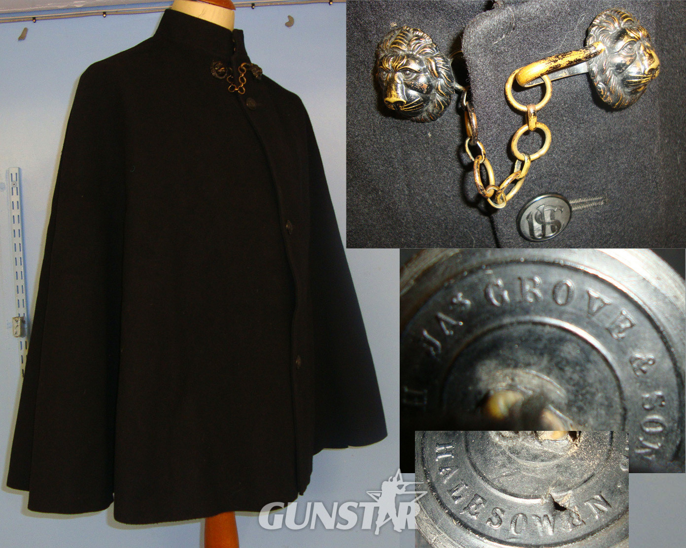 C1920’s Ulster Special Constabulary (USC) Heavy Blue Serge Wool Police Special Constable’s & Sergeants Cape With Brass Lion’s Head Bosses Brass Link Neck Chain & ‘USC’ Combined Monogram Horn Buttons Buy Jas Grove & Sons Halesowen. POL 358   Antique & Militaria