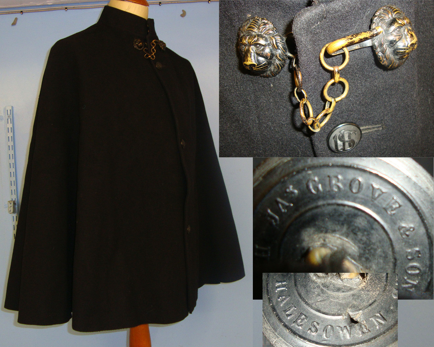 C1920’s Ulster Special Constabulary (USC) Heavy Blue Serge Wool Police Special Constable’s & Sergeants Cape With Brass Lion’s Head Bosses Brass Link Neck Chain & ‘USC’ Combined Monogram Horn Buttons Buy Jas Grove & Sons Halesowen. POL 358   Antique & Militaria