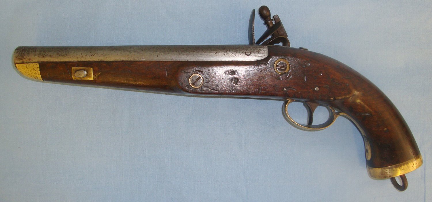 NAPOLEONIC WAR ERA**C1810 Liege Belgium .700 Calibre Flintlock British Royal Navy / Merchant Navy Sea Service Pistol With Brass Fittings. Sn 21393:52 .75 Cal Muzzleloader Muzzleloader