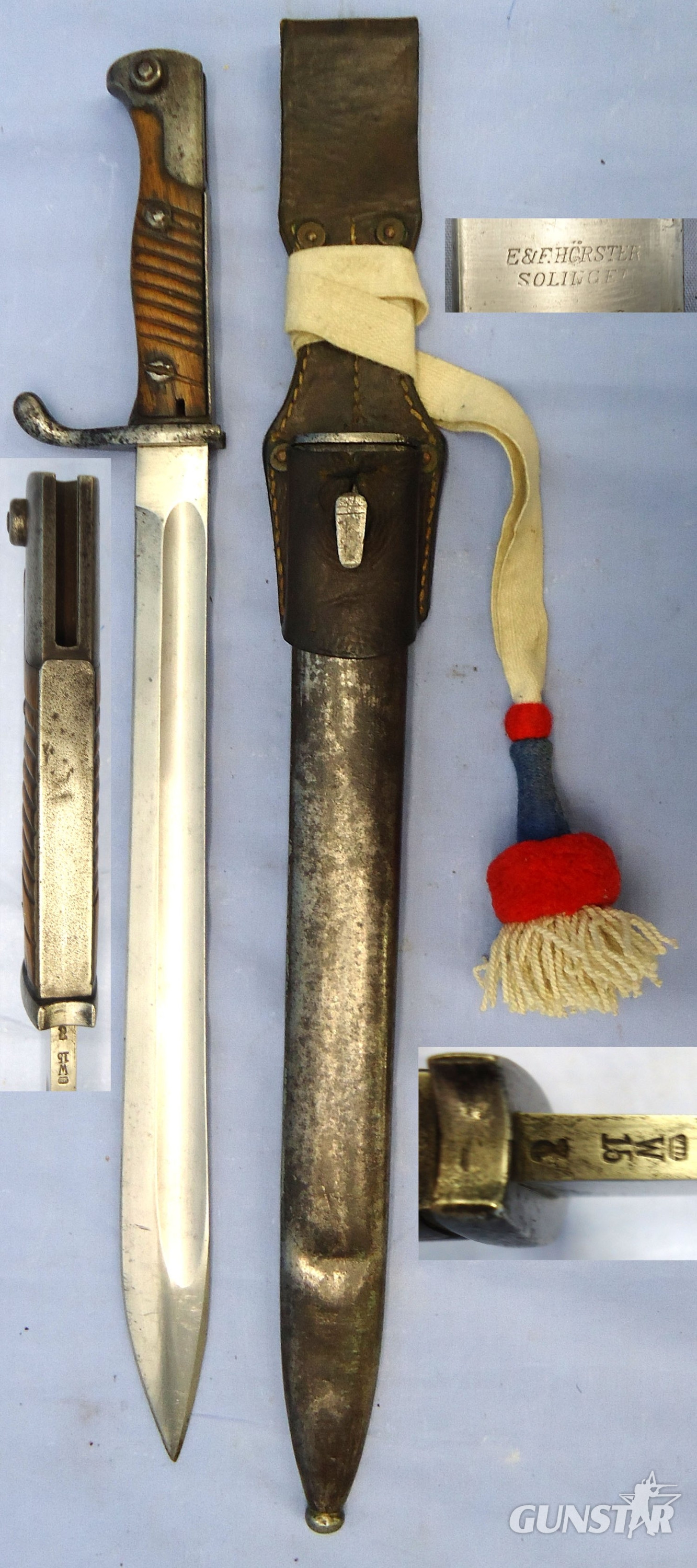 WW1, 1915 Dated, Imperial German E & F Horster Solingen, Pattern 98/05 Butcher Bayonet With Hessian Cord, Tasselled Knot & Leather Frog. Sn 23478:1 Bayonet in 