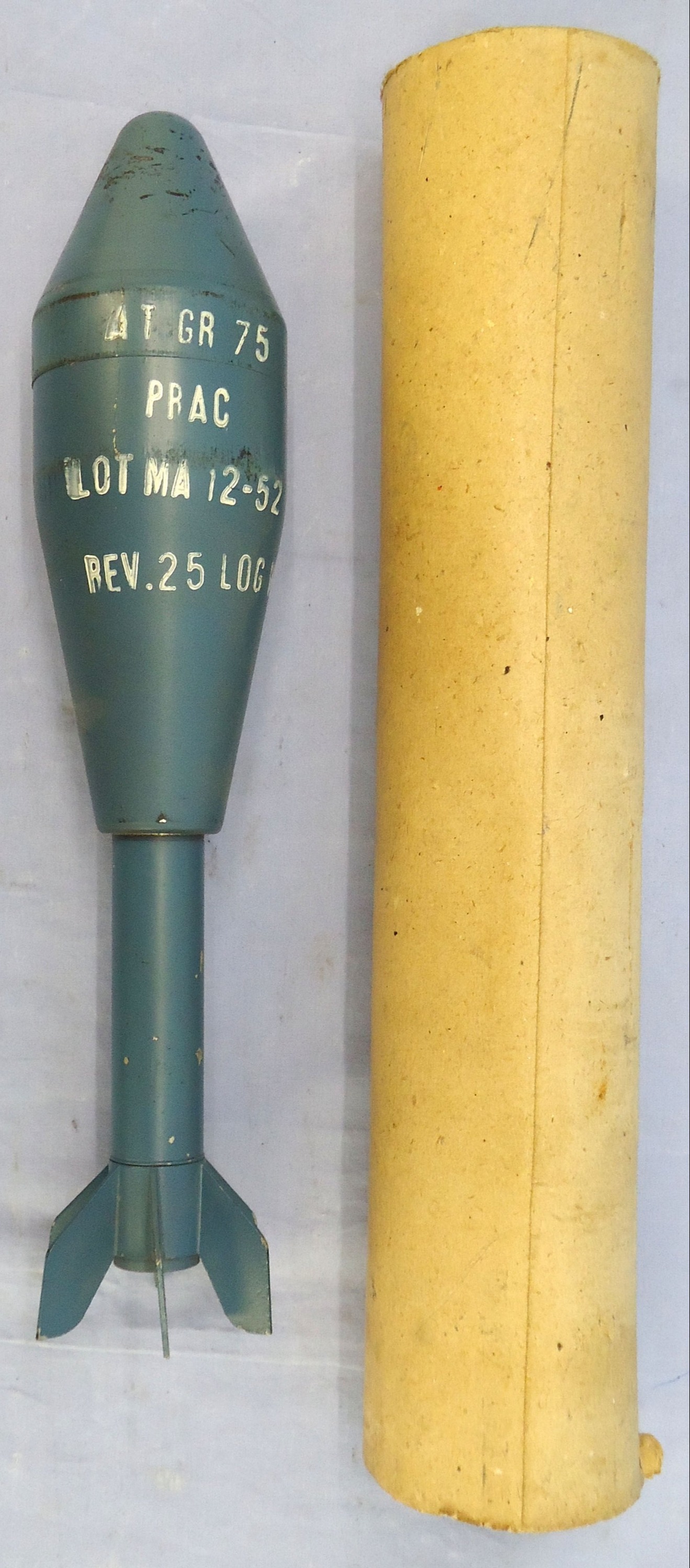 INERT. British, Unfired, 1952 Dated, No.94 Mark 1, Energa Practice Rifle Grenade & Original Cardboard Transit Tube. - O 2102 INERT. British, Unfired, 1952 Dated, No.94 Mark 1, Energa Practice Rifle Grenade & Original Cardboard Transit Tube. - O 2102  Other Ammunition - {CATEGORY} in 