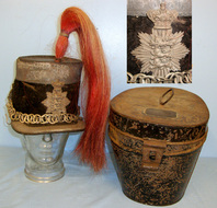 EXTREMELY RARE**NEVER SEEN**1860-1875 Victorian, 2nd Lancashire Light Horse Volunteers Officer’s Shako, Liner Marked ‘R.J. Nodder Church Street Liverpool’, With Plume, Queen’s Crown Shako Plate & Japanned Metal Transit Tin. HE 820  Antique & Militaria
