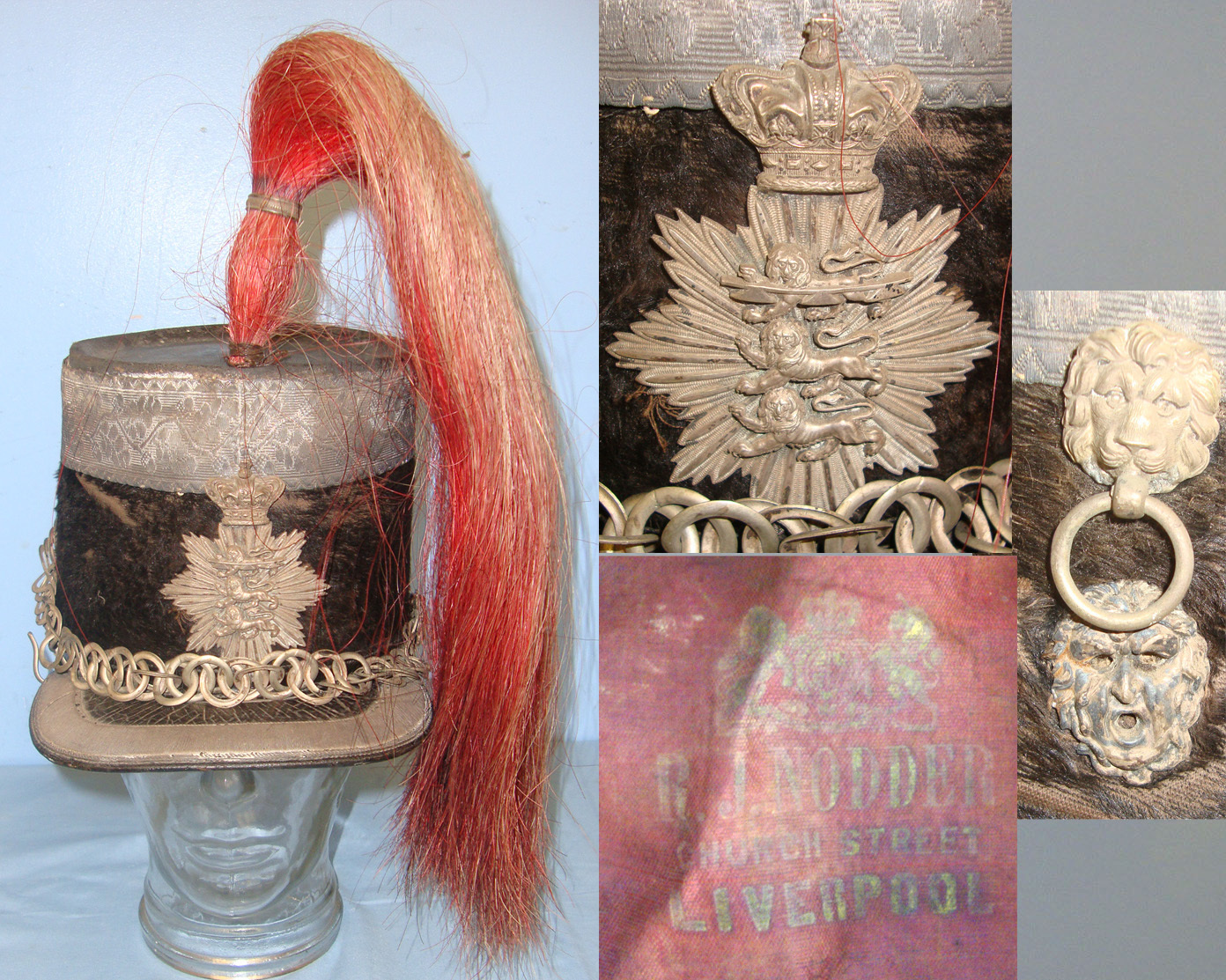 EXTREMELY RARE**NEVER SEEN**1860-1875 Victorian, 2nd Lancashire Light Horse Volunteers Officer’s Shako, Liner Marked ‘R.J. Nodder Church Street Liverpool’, With Plume, Queen’s Crown Shako Plate & Japanned Metal Transit Tin. HE 820  Antique & Militaria