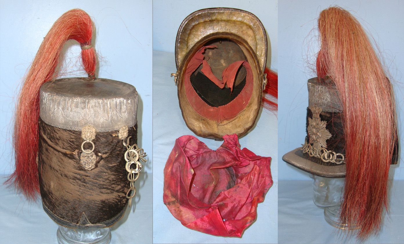  EXTREMELY RARE**NEVER SEEN**1860-1875 Victorian, 2nd Lancashire Light Horse Volunteers Officer’s Shako, Liner Marked ‘R.J. Nodder Church Street Liverpool’, With Plume, Queen’s Crown Shako Plate & Japanned Metal Transit Tin. HE 820  Antique & Militaria