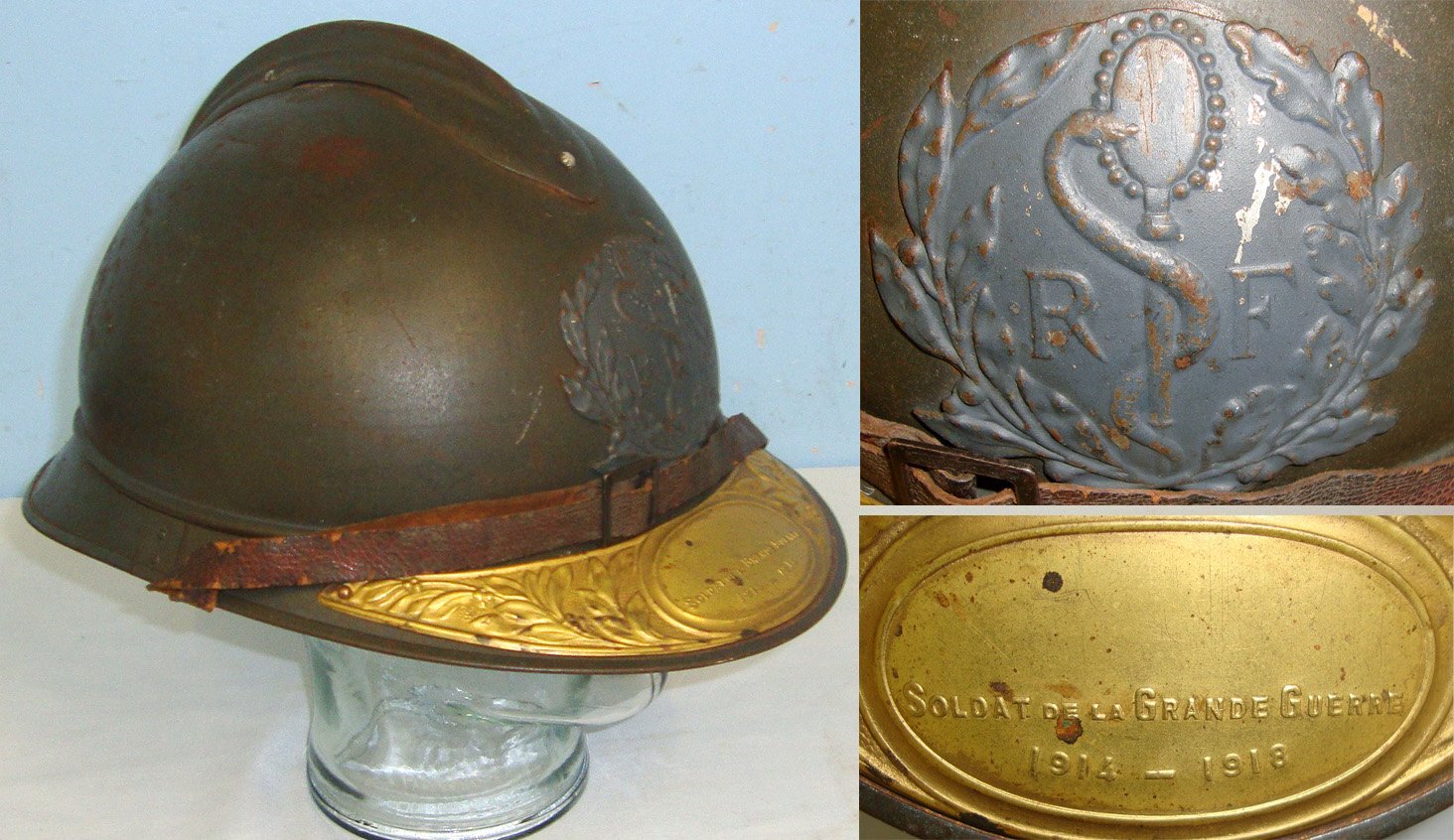 WW1 French Service de Santé des Armées (SSA) Army Medial Corps Surgeon Officer’s Veteran’s M15 Adrian Combat Helmet With \'RF\' (République Française) SSA Helmet Badge, Liner & Chin Strap Presented To A Veteran Of The Great War. Sn 22869  Clothing