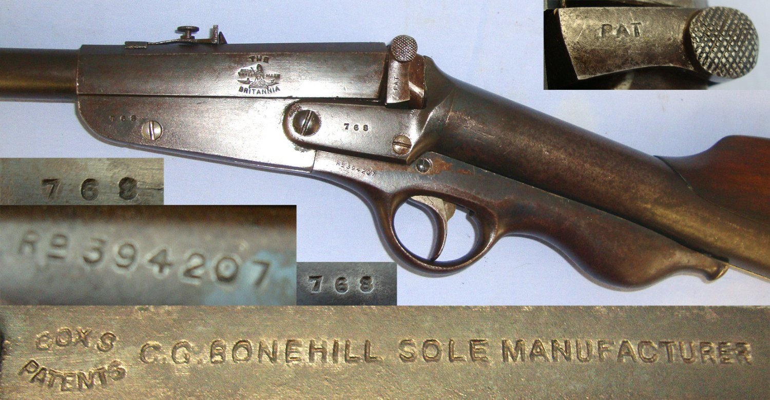 RARE**1905-1908 Britannia .177 Calibre, Sure Shot, Break Action, Air Rifle ' Cox's Patent,C.G. Bonehill (Birmingham) Sole manufacturer. Sn 23416 air rifle .177