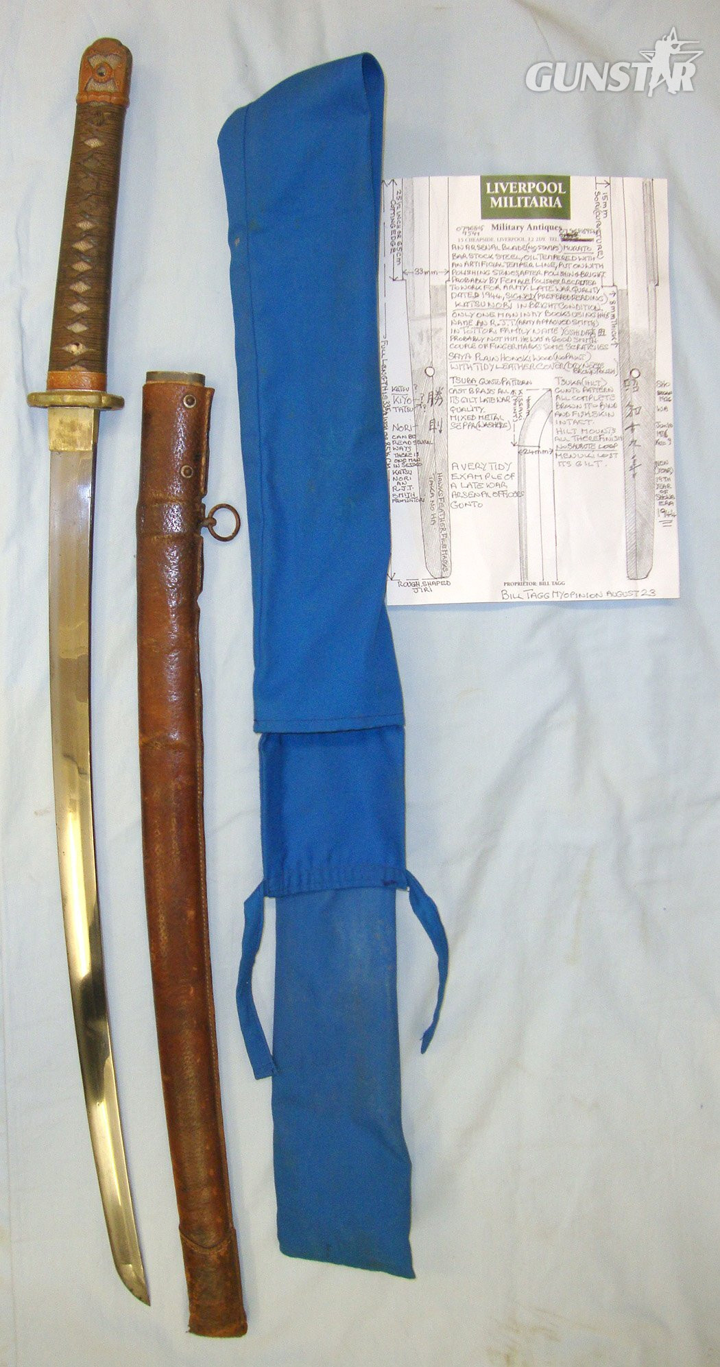WW2 1944 Dated Japanese Officer’s Arsenal Gunto Sword With Smith Signed Tang ‘KATSU NORI’, Scabbard With Leather Field Service Cover, Expert Assessment & Carry Bag / Cover. Sn 20891 Sword in 