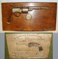 SCARCE**TRANSITIONAL**MINT BORE**Cased, Victorian English, Thomas Kerslake Baker’s 1852 Patent, German Silver Frame, 54 Bore Six Chamber Cap & Ball Revolving Lever Cock Percussion Pistol. Sn 21229 .54 Cal Muzzleloader Revolver