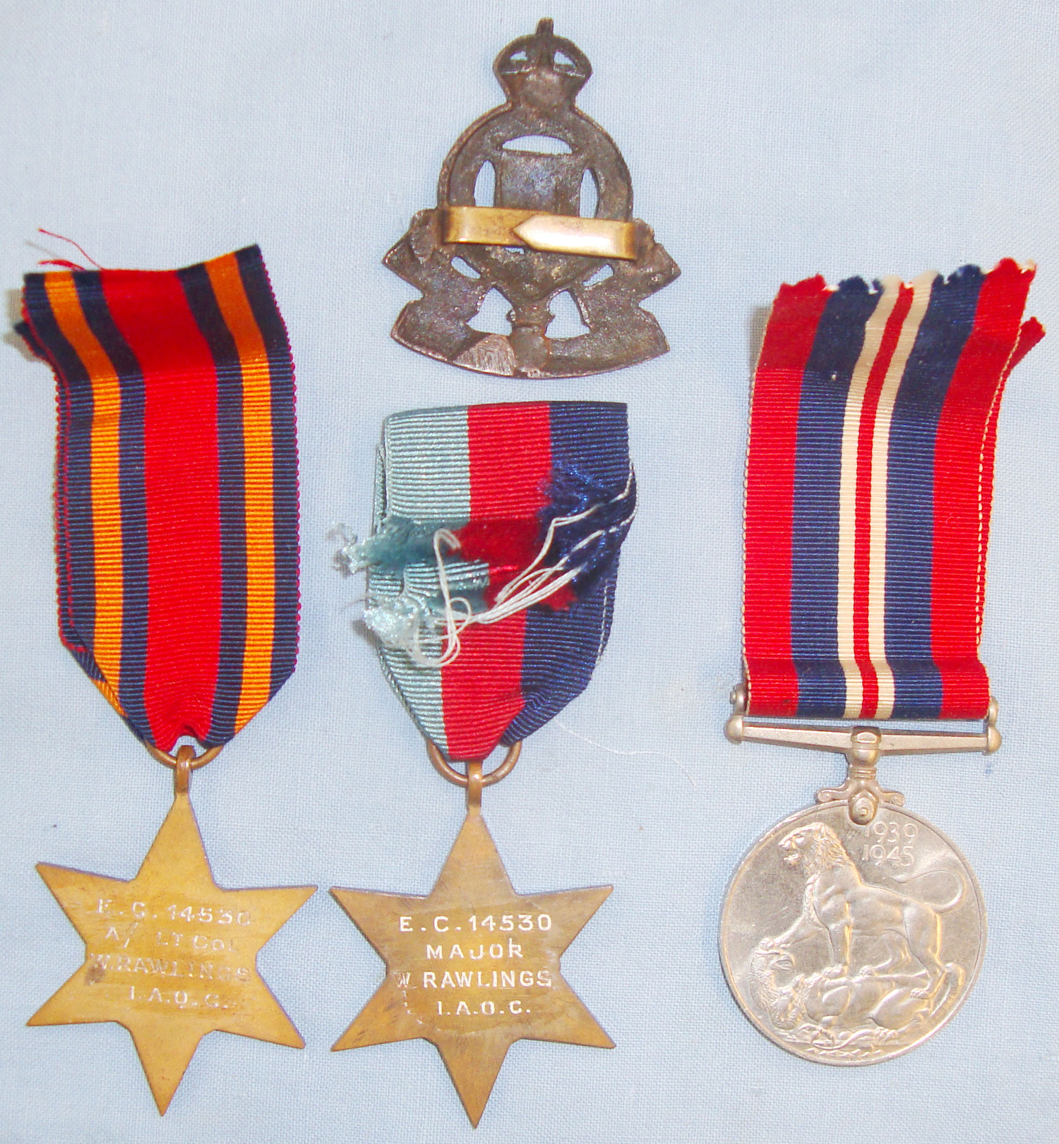 Boxed and Attributed, WW2 Burma Campaign Medal Group, (Privately Engraved) and KC Bronzed RAOC Cap Badge from the Estate of Major W Rawlings I.A.O.C. M 378. Boxed and Attributed, WW2 Burma Campaign Medal Group, (Privately Engraved) and KC Bronzed RAOC Cap Badge from the Estate of Major W Rawlings I.A.O.C. M 378. Antique & Militaria