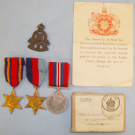 Boxed and Attributed, WW2 Burma Campaign Medal Group, (Privately Engraved) and KC Bronzed RAOC Cap Badge from the Estate of Major W Rawlings I.A.O.C. M 378. Boxed and Attributed, WW2 Burma Campaign Medal Group, (Privately Engraved) and KC Bronzed RAOC Cap Badge from the Estate of Major W Rawlings I.A.O.C. M 378. Antique & Militaria
